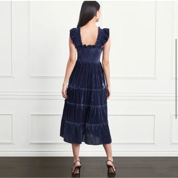 Hill House Size S The Ellie Nap Dress Navy Velvet Midi Tiered Smocked Bodice NEW - Picture 2 of 14